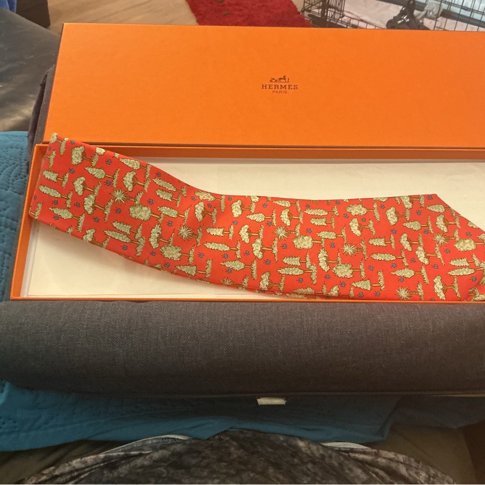 Hermes Red Tie with Green and Blue Tree Pattern W/Original Hermes box